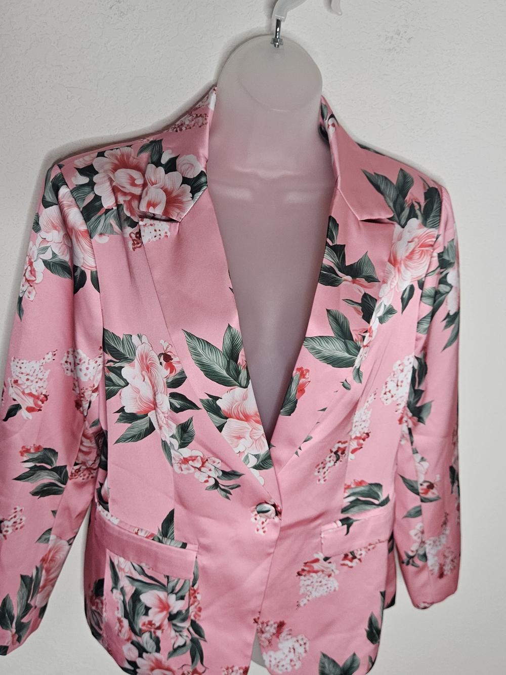 Pink Floral Satin Blazer Jacket Women’s Large Single Button Statement Jacket - Picture 3 of 9